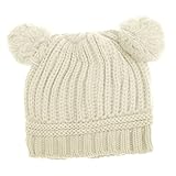 赤ちゃん　キッズ　冬　ビーニー　かぎ針　編み　ニット　暖かい　帽子　二つのボール　可愛い　キャップ　ボンボン耳付　全5色 - 白