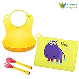 Raymoon ベビー　子供用　食事用 シリコン　防水　離乳食 エプロン　食事マット　ランチョンマット　キッズ　大きいポケット付き 軽量　 可愛い動物柄　持ち運び便利　誕生日　プレゼント　出産祝い　前