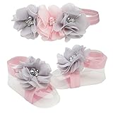 Petals Pink/Grey Baby Barefoot Sandal and Headband Gift Set with Flower Accents by Cherished Moments