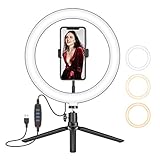 10インチリングライトUSB LED自撮りリングライト3ライトモード＆10輝度レベル、デスクトップ三脚と携帯電話ホルダー付き、写真メイクライ