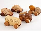 スプソリ 木のおもちゃ 木製ミニカー5個セット [働く車シリーズ] 救急車、パトカー、消防車、ミキサー車、バス