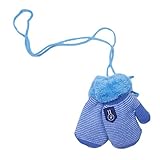 EOZY 子供用 手袋 ミトン ニット グローブ 暖かい 雪遊び お散歩 防寒 秋冬 男の子 女の子 通園 通学 裏起毛 キッズ手袋 ひも付き ストライプ ブルー