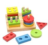 Montessori子木製ジオメトリ形状インテリジェンスボードベビートイ列Building Blocks