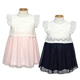 (ネイビー/80cm)ベビー服 女の子 ワンピース 半袖 花柄レース使い シフォン リボン装飾 ネームタグ付 女児 ベビー