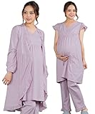 Sweet Mommy マタニティパジャマ 3点セット 授乳口付き フリルワンピ マタニティボトム ガウン ソフトカップ付き コットン 大きいサイズ 胸パッド付 春 夏 産前産後 ルームウェア ナイテ