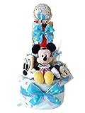おむつケーキ ディズニー ミッキーマウス 新生児肌着セット＆ベビーグッズ豪華8点付き 3段 男の子用 (メリーズSサイズ（28枚入り）)