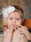【ベビーヘアバンド】ホワイトシャビーローズとふわふわダチョウファーのゴムヘアバンド入荷後すぐ売り切れる人気デザイン★ハーフバースデーやお誕生日のスタジオ撮影にも選ばれています