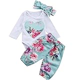 Liebeye ロンパース・カバーオール ロングスリーブラウンドネックトップ +花のパターンのパンツ+ちょう結びのヘッドバンド　幼児新生児　女の子　 ライトブルー