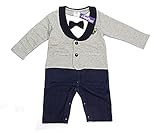(i-loop) ベビー服 スーツ風 ロンパース 赤ちゃん カバーオール 新生児 長袖 春秋着 子供服 蝶ネクタイ キッズ フォーマル 男の子 出産祝い 写真撮影 ( グレーブレザー+ネイビーロンパー