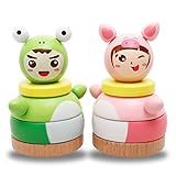 [ドリーマー]　おもちゃ　木製玩具　お人形　2点セット　知育　棒さし　ミニジャイロ　積み木　ブロック　不倒翁　蛙　豚　可愛い　ピンク　緑　グリーン