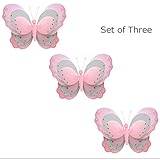 Set of 3 : HangingバタフライピンクグレーグレーTriple Layeredナイロンメッシュ蝶赤ちゃん保育園寝室女の子部屋天井壁装飾結婚誕生日パーティーシャワーPlayroom Dec