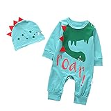 ALLAIBB ベビーロンパースカバーオール 長袖 新生児春秋服 フード付き2点セット 恐竜柄ブルー 59cm