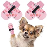 BINGPET 犬用靴下 4個セット 肉球保護 防滑ソックス 柔らかい 脱げない 転倒防止 室内履き 通気性 老犬介護サポート 足舐め防止 かわいい おしゃれ 小型犬 中型犬 大型犬 (花ーピンク,XS)