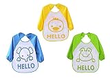 【 SMILE ALL 】 赤ちゃん エプロン スタイ 3枚 セット 食事 用 スモック タイプ ポケット 付き 防水 ベビー 長袖 離乳食 プレゼント 出産祝い 動物 柄