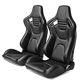 IKON MOTORSPORTS ユニバーサルレーシングシート デュアルスライダー付き リクライニング可能 ブラック ブラックステッチ PU & カーボンレザー スポーツバケットシート 1ペア ドライバー+助手席側