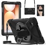 【NINKI】Galaxy Tab A11 ケース リストバンド キックスタンド ストラップ付き TPU+PU シリコン タブレットケース 全面保護 耐衝撃 汚れ防止 擦り傷防止 Tab A11 用 保護カバー(ブラック)