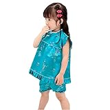 Hooyi 梅の竹赤ちゃんの女の子のドレス半袖上着とズボンはチャイナドレスセット春節の子供ドレスのチャイナドレス (靑い, XL)