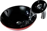 弦シリーズdeco-glass容器シンクであるブラックとレッドwith Matchingクローム滝蛇口