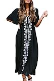 [LeofL] レディース ワンピース ファッション Vネック ロングワンピース Kaftan Drees Long 刺繍 長袖 シンプル リゾート ビーチ リラックス ゆったり フリーサイズ