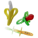Razbaby Razberry Silicon Teether, Red with Banana Brush Toothbrush for Infants and Chubby Gummy Stic