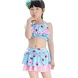 sw4008　イチゴ柄 フリル スクール水着 ジュニア ガールズ 女の子 女児 タンキニ セパレート スイムウェア子供 水着 ブルー 2点セット 6歳から12歳まで使えます