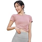 [Yomoment] ヨガウェア レディース 裾ねじり ラウンドネック カップなし 速乾吸汗 ピラティス ウェア ストレッチ スポーツtシャツ クロップド無地半袖シャツ ジム コーラルピンク：L