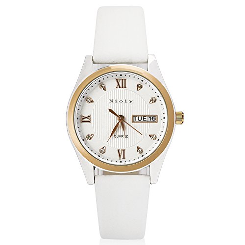 Nioly 腕時計 レディース スタンダード アナログ ビジネス ウォッチ ピンクゴールド 日付 曜日表示【化粧箱、保証書付き】 (白)