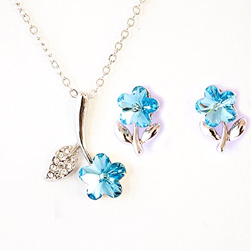 One&Only Jewellery スワロフスキー エレメンツ ブルー フラワー ペンダント ネックレス ＆ ピアス 2点セット 正規ストーン採用