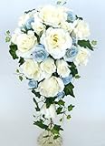 アートフラワー（造花）ブーケ/ホワイトローズ　キャスケードブーケ　ブルー入り　 ヘッド花付き　ウエディングブーケ