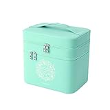 FYX　化粧品収納　収納ケース　コスメボックス　メイク用品収納　小物入れ　大容量　取っ手付　ミラー付き　携帯に便利 　PUレザー　上品　エレガント　3段タイプ (グリーン)