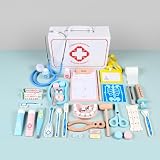 子供用医療キット お医者さんごっこロールプレイセット リアルな木製機器 歯科医キット キャリングケース付き ドクターコスチューム 木のおもちゃ ドクターキット 子供用 3-5 3-6 5-7 ふり医療ステーション リアルセット
