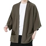 [FJLTDCP] 夏服 メンズ カーディガン メンズ ビジネス カジュアル 無地 和風 羽織 アウターシャツ 和式カーディガン メンズ 七分袖軽量 光沢通気性 おしゃれ 大きいサイズ 春夏秋メンズ-green-L