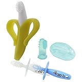 Banana Brush Infant Toothbrush with Chubby Gummy Massaging Teethers & Finger Brush, Blue/White by Ba