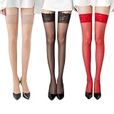 [POPULAR] ガーターストッキング ３足組 滑り止め付き 伸縮性 可愛い ニーハイソックス cosplay 美脚 セクシー 花柄レース ストッキング (ベージュ 1組+ブラック 1組+レッド 1組)