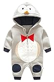Kalawa 新生児 冬服 男の子 ベビー用着ぐるみ コスチューム カバーオール 長袖 厚手 前開き あて布付き 防寒着 ハロウィン パーティー 記念写真 ペンギン グレー 0-3ヶ月