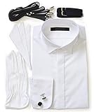 [タキシードステーション] ウイングカラーシャツ小物5点セット【最強コスパ】 チーフ（綿スリーピークス）、カフスボタン黒、サスペンダー黒、アームバンド黒、手袋 (首43cmゆき丈86cm)