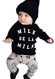 あかね哥 英字 ロゴ 松ぼっくり どんぐり プリント 長袖 Tシャツ ＆ パンツ 上下 セット アップ 子供 ベビー 服 男の子 ( ブラック )
