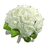 Kesoto 造花　バラの花　リボン　クリスタル付き　手持ち　ブライダルブーケ　花嫁介添人　花束　結婚式パーティー　エレガントな　ブライダルブーケ　ミルク白