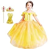 [MANAMANA] 子供ドレス プリンセスドレス プリンセス ドレス ティアラ スティック グローブ 4点セットキッズコスチューム イエロー 女の子 100 110 120 130 140 100cm 110cm 120cm 130cm 140cm (100)