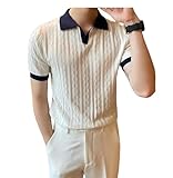 [AKUNSY] ポロシャツ メンズ 半袖 サマーニット セーター メンズ ニットソー Tシャツ 半袖 ストレッチ ゴルフシャツ 襟付き スリム カジュアル ビジネス 夏(ホワイト、M)