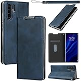 対応 Huawei p30 pro hw-02l hw02l ファーウェイp30pro ハーウェイp30プロ ケース カバー スマホケース 手帳型 カードスロット、キックスタンド、ロープ本 レザー(ネイビー)