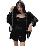 [MaxWant] ルームウェア 3点セット ジップアップパーカー キャミソール ショートパンツ レディース 春 夏 部屋着 ポケット付き 韓国ファッション シンプル (M, ブラック)