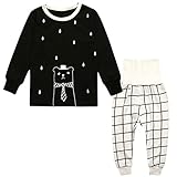 (ウォ２U)Woo2u 男の子 子供 女の子 ガールズ 可愛い 動物柄 長袖 ジャージ シャツ ロング丈パンツ カジュアル ズボン スウェット パジャマ 寝間着 チュニック 上着 2点セット 黒色 C