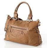 OiOi Tan Leather Slouch Tote Baby Changing Bag with Natural Woven Jacquard Lining and Accessories