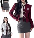 [JIURUN] 制服 ロリータ 5点セット 韓国 制服 ブレザー スカート裏地付き 透け防止 デパート品質 衣装 ブラウス 女装 服 ゴシック ドレス 女装 服 春 夏 秋 冬 クリスマス ハロウィン 大きいサイズ かわいい 通勤 卒業式 セクシー(レッド, M)
