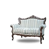 クラシックデモダン【シンフォニー】二人掛け アーム付き猫脚ソファ（ブルー&amp;ストライプ/ファブリック×ブラウン）ロココ アンティーク クラシック ヨーロピアン ゴシック バロック【搬入・設置サービス】1006-2-SH-5F120 家