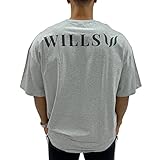 [WILLS FITNESS] Tシャツ メンズ 半袖 オーバーサイズ Tシャツ ビッグシルエット 五分丈 ウィルズフィットネス CLASSIC LOGO BACK PRINT OVERSIZE T-SHIRT 筋トレ ジム スポーツウェア 9900000010016 (XL, Gray)