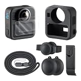 HSU ブラック シリコン 保護キット GoPro Max2用 交換可能なバッテリーサイドカバー シリコンレンズカバー スクリーンプロテクターおよび調節可能なストラップ GoPro Max2 専用アクセサリーキット