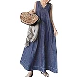 [JINPIN] レディース デニムワンピース ノースリーブ ワンピース キャミワンピース ロングワンピース キャミワンピ マキシワンピース デニム サロペット ジャンパー サスペンダー カジュアル ゆったり ロング マキシ Vネック Aライン 夏 (ブルー2,F)