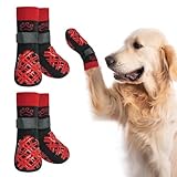 BINGPET 犬 靴下 滑り止め付き 犬用靴下 4個セット 犬用 足カバー 防滑ソックス 柔らかい 脱げにくい 犬ソックス かわいい 転倒防止 通気性 室内履き 老犬 介護 フローリング対応 犬靴下 舐め防止 おしゃれ 小型犬 中型犬 大型犬 (ブラック＆レッド, XL)